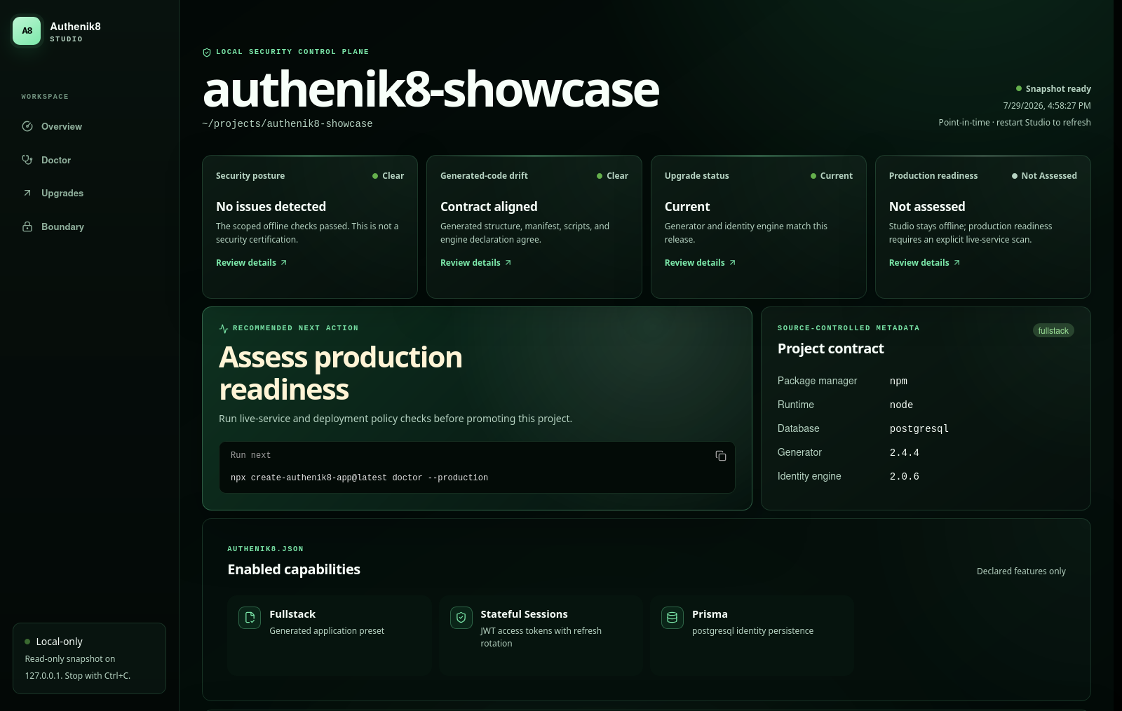 Authenik8 Studio showing a full-stack project's security posture, generated-code drift, upgrade status, production readiness, recommended action, project contract, and enabled capabilities.